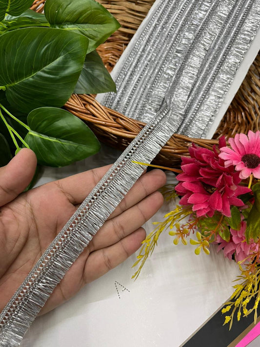 Fringe Lace / Kiran Lace Border for Dupatta – Lightweight Designer Latkan Lace for Sarees, Lehengas & Ethnic Wear (9 Meter, 1 Inch Width) | Silver