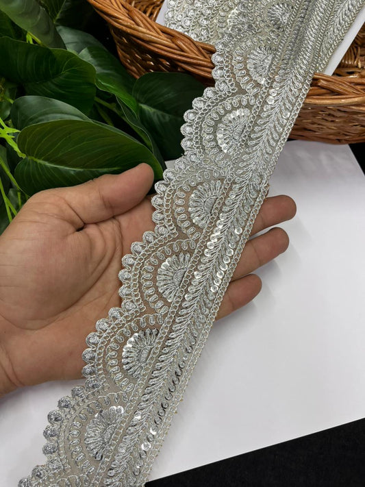 Elegant Scalloped Embroidery Zari Lace for Sarees – Premium Gold Embroidered Designer Lace | Silver