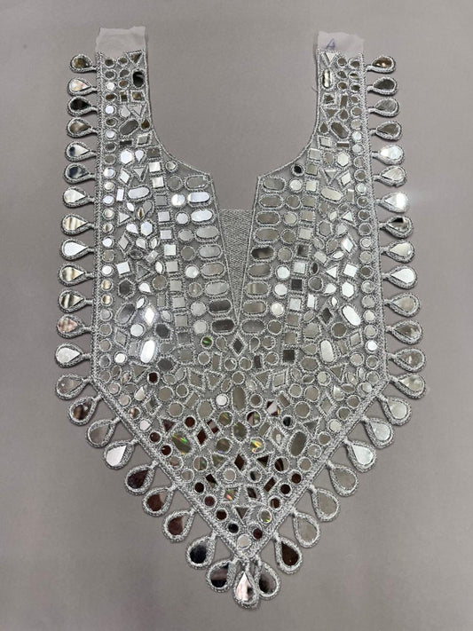 Mirror Work Neck Patch for Dresses & Kurtis – Designer Handcrafted Embellished Neck Applique | Silver