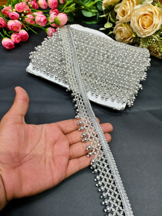 New Crystal Stone Saree Lace Border Trim – Fancy Decorative Lace for Sarees, Dupattas & Dresses (9 Meter) | Silver
