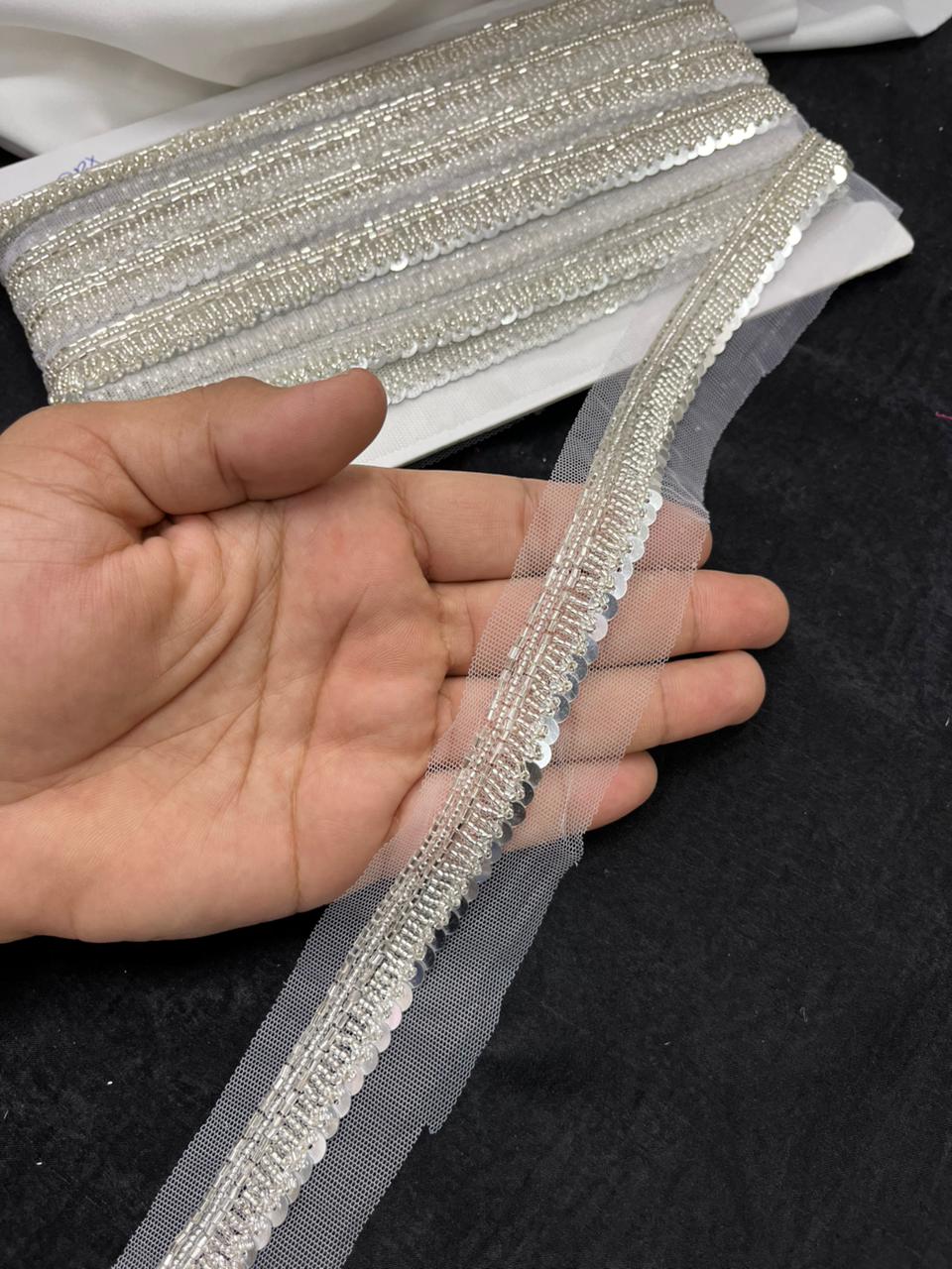 Beautiful Handcrafted Lace Trim for Sarees, Kurtis & Dresses – Decorative Handmade Embroidery Lace Border | Silver