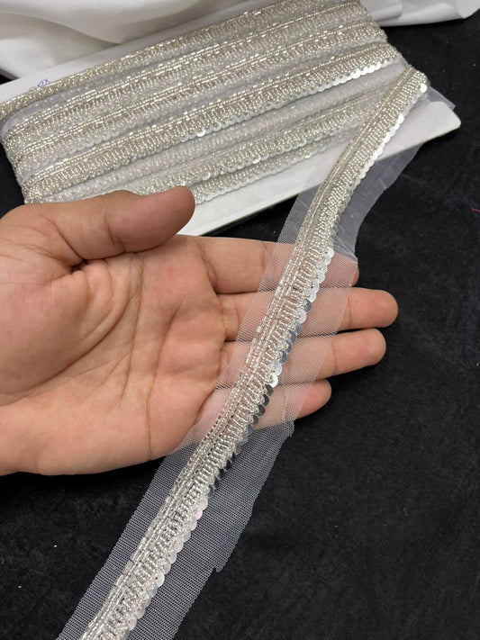 Beautiful Handcrafted Lace Trim for Sarees, Kurtis & Dresses – Decorative Handmade Embroidery Lace Border | Silver