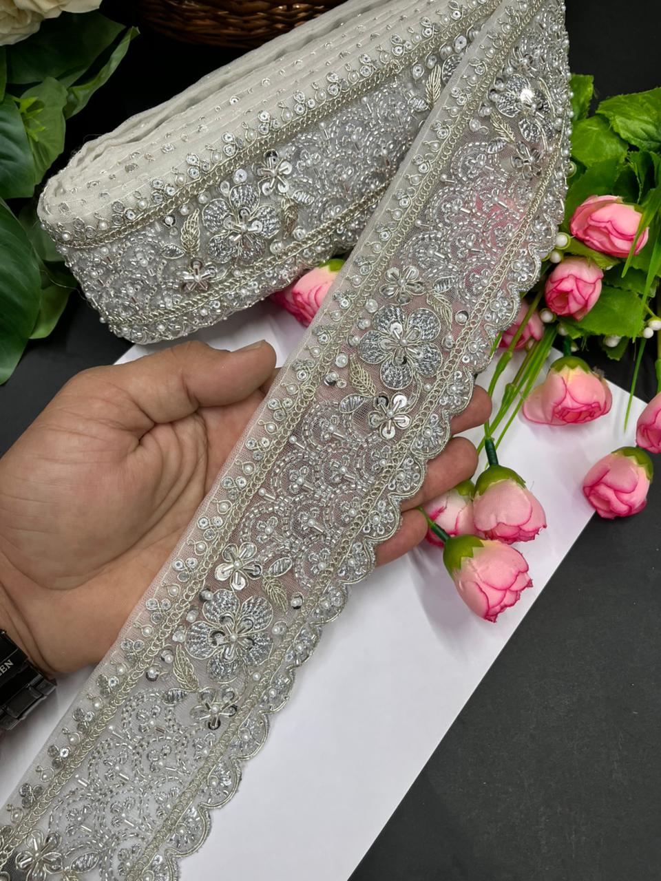 Exclusive Flower Embroidered Saree Lace Design – Premium Maggam Work Lace Border for Ethnic Wear | Silver