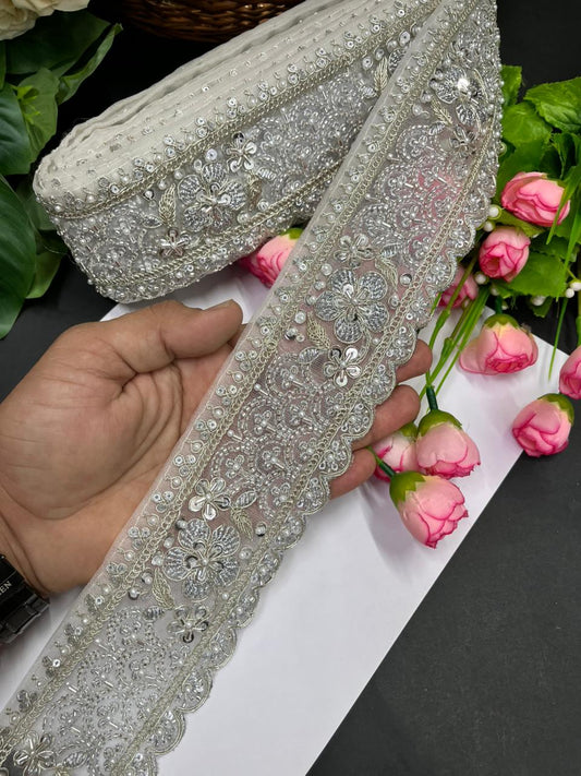 Exclusive Flower Embroidered Saree Lace Design – Premium Maggam Work Lace Border for Ethnic Wear | Silver