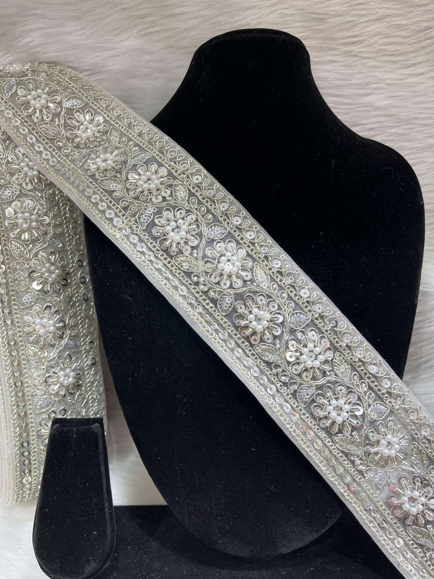 Gold Sequin Embroidery Pearl Lace Border – 9 Meters, 2.5-Inch Handmade Trim for Sarees & Lehengas | Silver