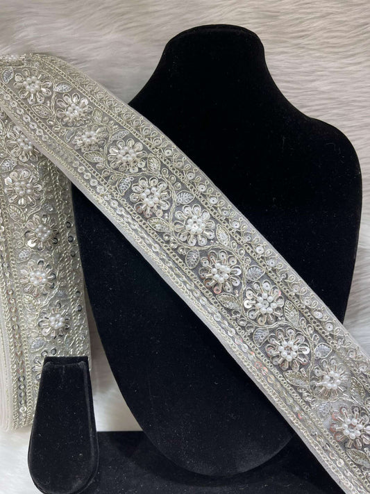 Gold Sequin Embroidery Pearl Lace Border – 9 Meters, 2.5-Inch Handmade Trim for Sarees & Lehengas | Silver