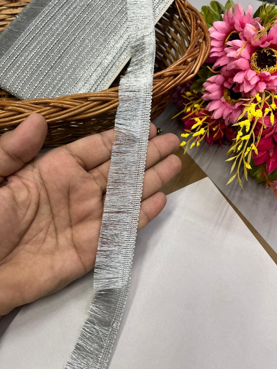 Fringe Lace for Dupattas | Zalar Lace | Zari Thread Lace – Premium 1 Inch Latkan Style Decorative Border for Ethnic & Festive Wear (9 Meter) | Silver