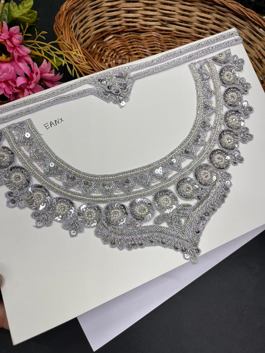 Handwork Zardozi Neck Patch With Sleeves – Premium Designer Embroidered Neckline for Kurtis, Blouses, Suits & Ethnic Outfits | Silver