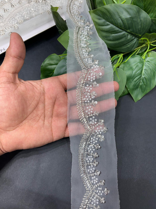 Cutdana Lace Beaded Handmade Sewing Lace – 9 Meters, 1.5-Inch Width | Silver