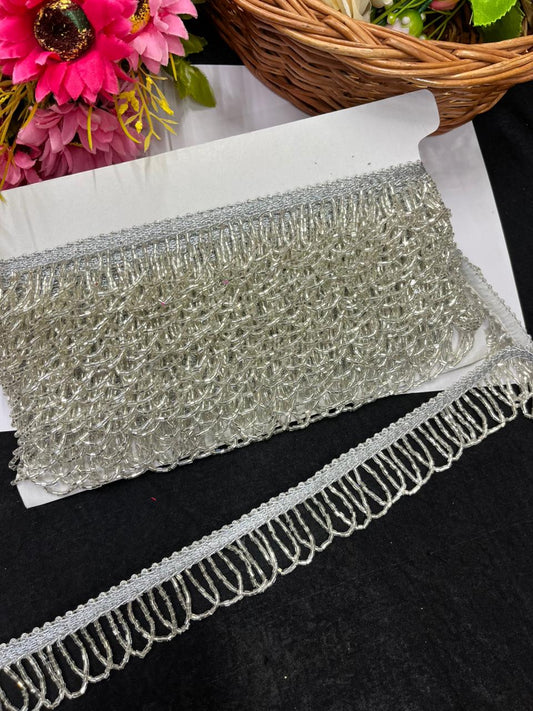 Designer Cutdana Hanging Lace for Sarees, Lehengas & Dupattas – Premium Latkan Lace Border with Cutdana Work (1 Inch) | Silver