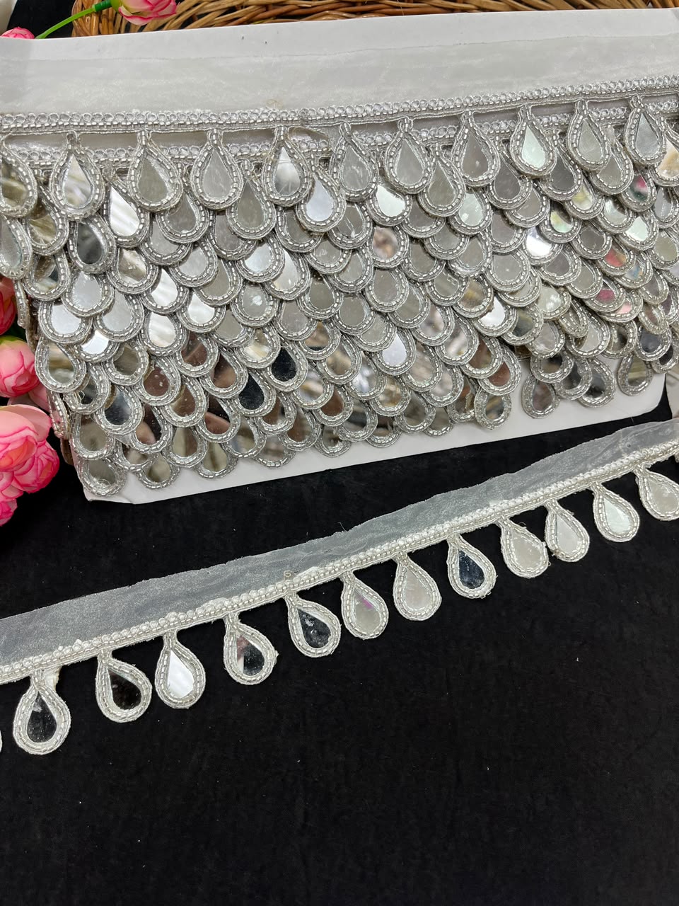 Hanging Mirror Lace for Sarees, Lehengas, Dupattas & Blouses – Designer Decorative Mirror Work Latkan Lace (1.5 Inch) | DC1036 | Silver