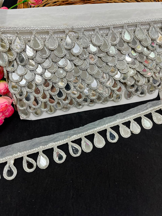 Hanging Mirror Lace for Sarees, Lehengas, Dupattas & Blouses – Designer Decorative Mirror Work Latkan Lace (1.5 Inch) | DC1036 | Silver