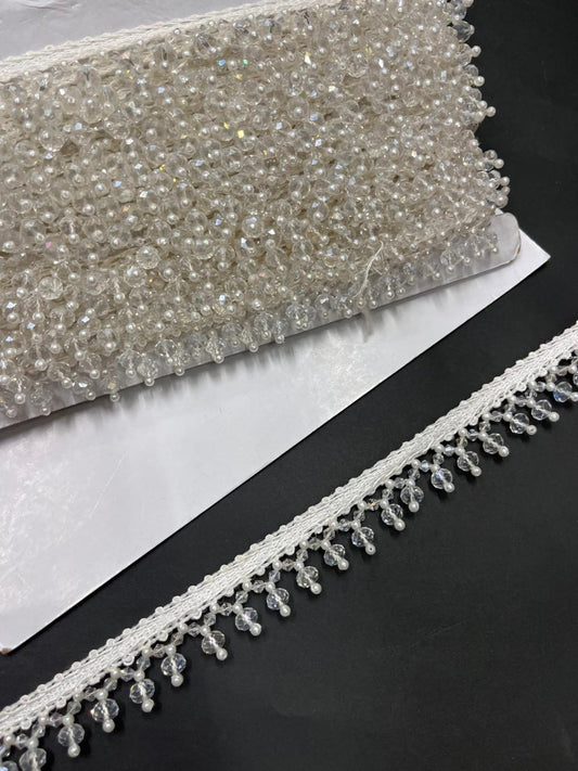 Handcrafted Crystal Hanging Laces – Designer Latkan Borders for Sarees, Dupattas & Lehengas (9 Meter, 1 Inch Width) | Silver