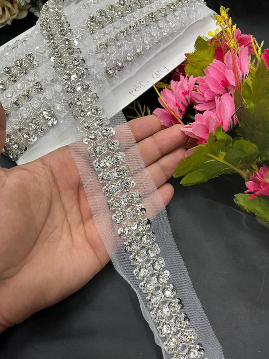 Designer Rhinestone Lace with Sequin Work on Net Fabric – Imported Decorative Lace for Sarees, Dupattas, and Dresses (9 mtr, 1 inch) | Silver