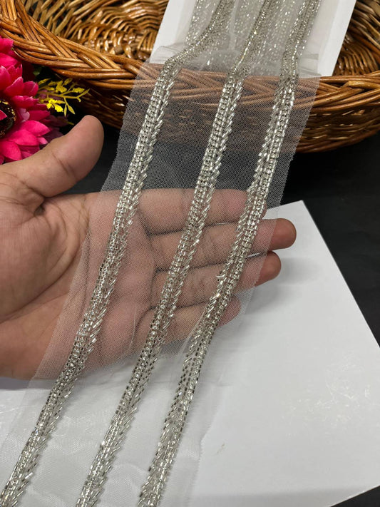 Zardosi & Cutdana Work Fancy Lace Border – Elegant Handcrafted Trim for Sarees, Lehengas & Designer Wear (9 Meter, 0.5 Inch Width) | Silver