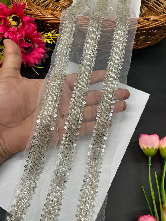 Zardosi & Cutdana Work Fancy Lace Border – Premium Handcrafted Designer Trim for Sarees, Lehengas & Festive Outfits (9 Meter, 1 Inch Width) | Silver