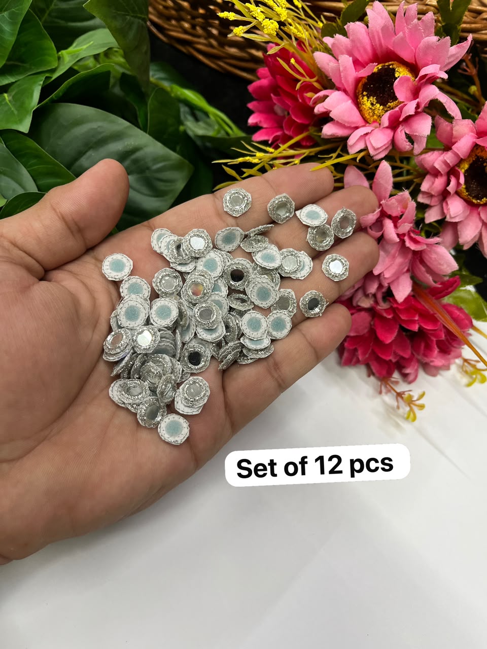 Handcrafted Zardozi Mirror Work Round Patches for Sarees, Dupattas, Lehengas & Blouses – Decorative Appliqué Set of 12 | DC1021 | Silver