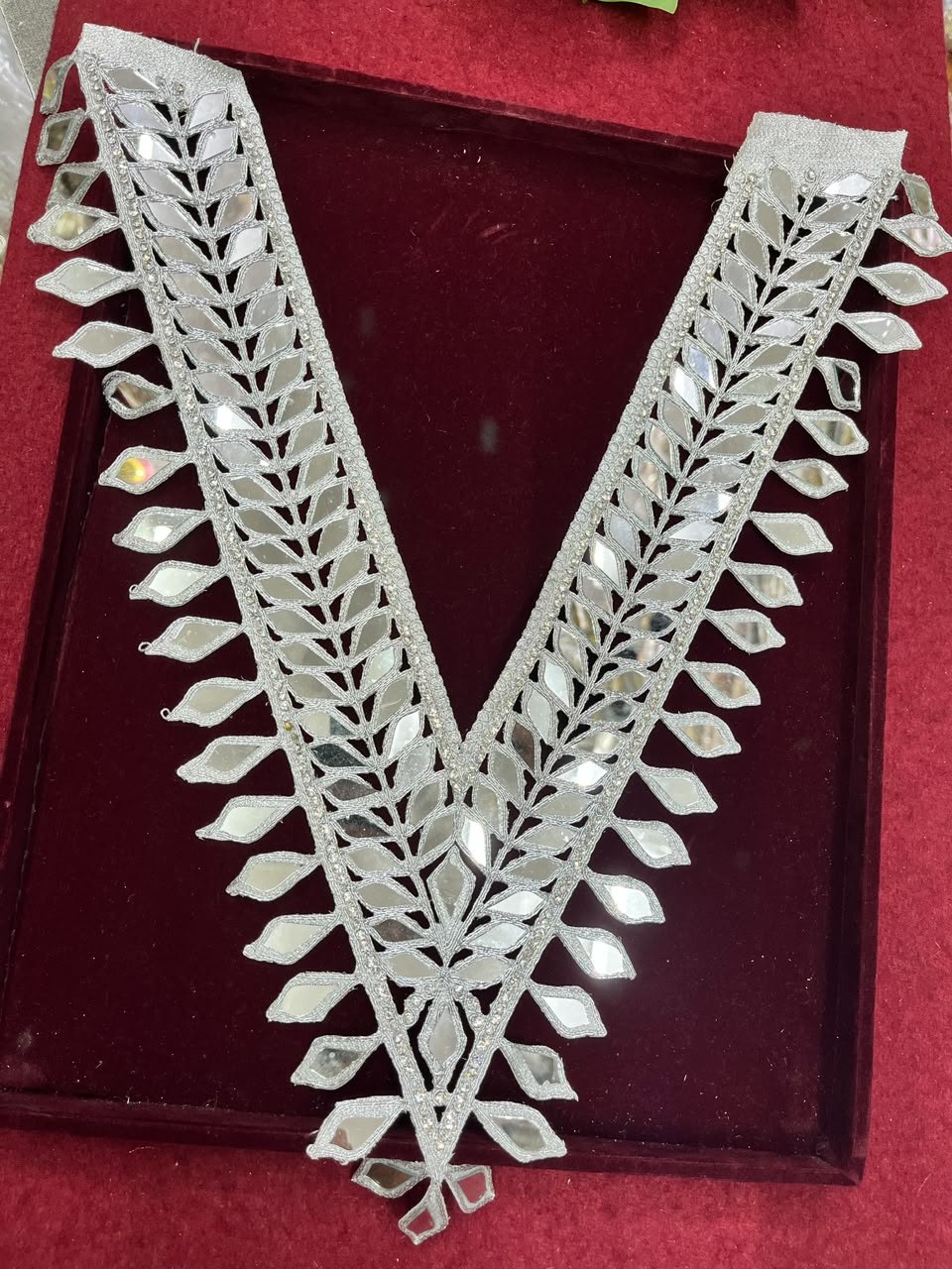 Real Mirror Work Neck Patch for Kurtis, Dresses & Blouses – Designer Handcrafted Mirror Neckline Applique | DC0985 | Silver