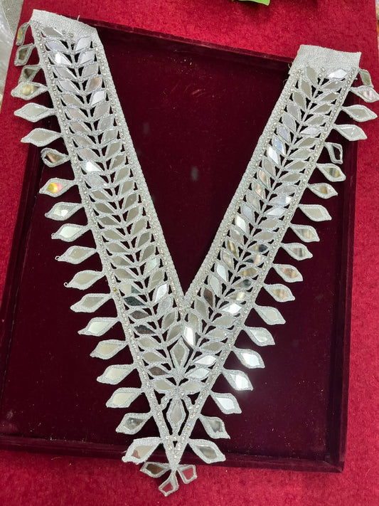 Real Mirror Work Neck Patch for Kurtis, Dresses & Blouses – Designer Handcrafted Mirror Neckline Applique | DC0985 | Silver