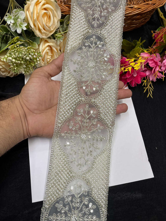 Beaded Designer Lace Trim for Lehengas & Sarees – 9 Meters, 4-Inch Heavy Embellished Saree Laces Border | Silver