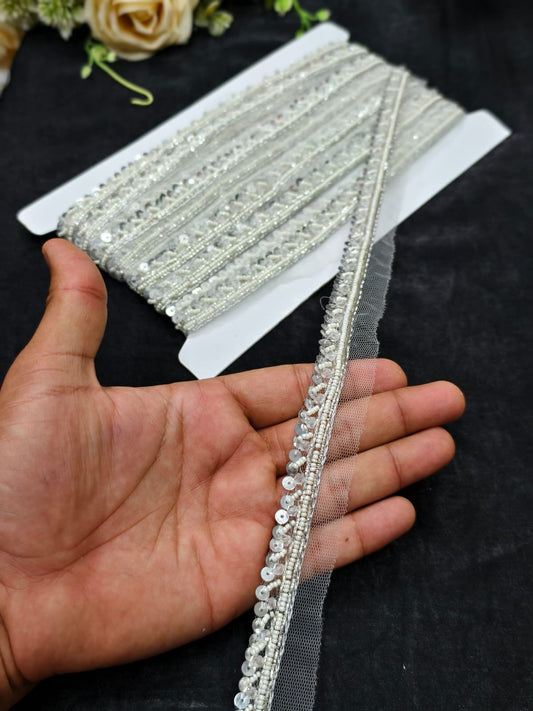 Handmade Jardoshi Work Saree Laces Border for Sarees & Dupattas – 9 Meters, 0.5-Inch Traditional Embroidered Trim | Silver