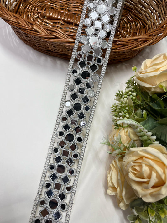 Cutwork Real Mirror Lace Border – 9 Meters, 2-Inch Handcrafted Decorative Trim for Sarees, Lehengas & Dupattas - Silver