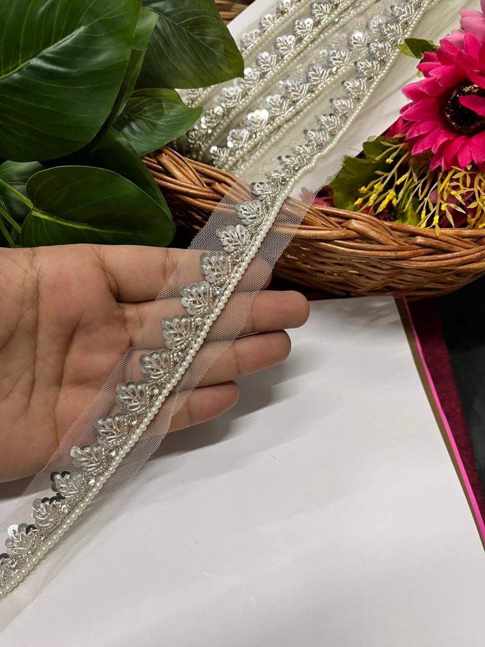 Exclusive Sequins Work with Pearl Handcrafted Lace for Sarees, Lehengas & Blouses – Premium Designer Handmade Lace Border (1 Inch) | Silver