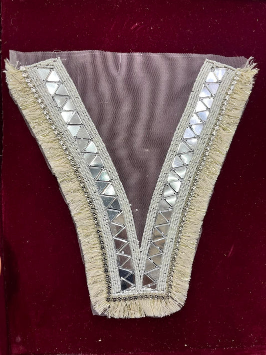 Designer Handcrafted Neck Patch for Women's Dresses, Kurtis & Blouses – Premium Embroidered Neckline Applique | DC0990 | Silver