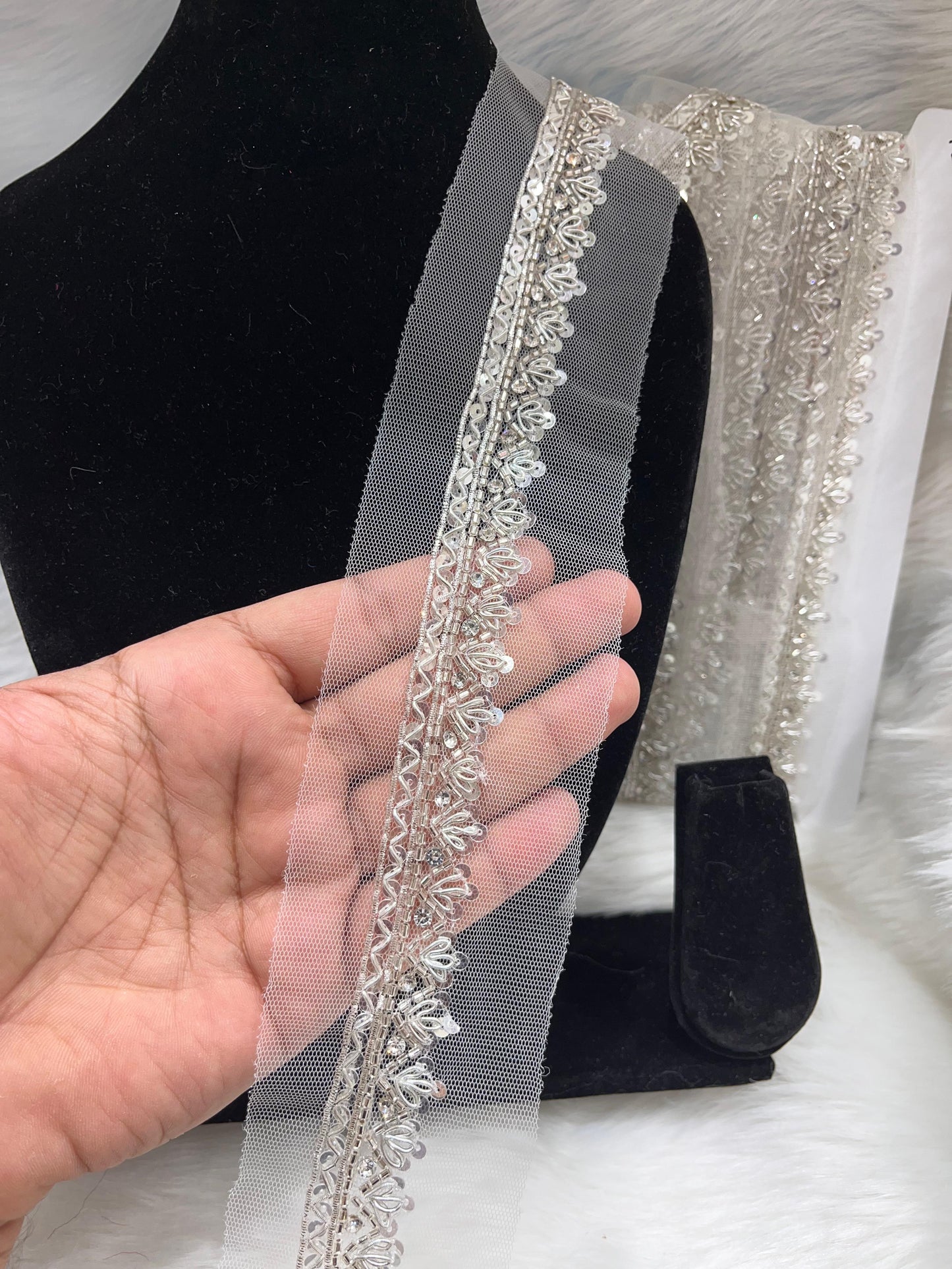 Handmade Zardosi Sequin Lace Trim – 9 Meters, 1-Inch Width | Silver