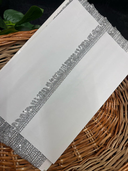 Gold Zari Sequin Fringe Lace Border – 9 Meters, 0.5-Inch Decorative Latkan Trim for Sarees, Lehengas & Dupattas | Silver