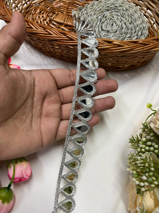 Real Mirror Lace Border – 9 Meters, 1-Inch Handcrafted Reflective Trim for Sarees, Lehengas & Dupattas - Silver