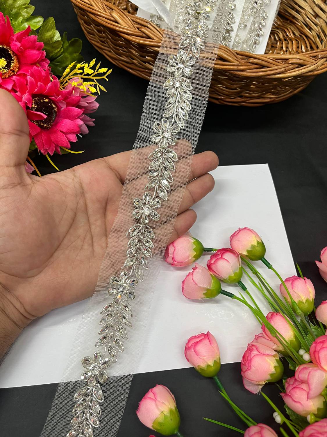 Beautiful Handmade Flower Design Crystal Heavy Lace Border – Premium Embellished Trim for Sarees, Lehengas & Designer Dresses (9 Meter, 1.5 Inch Width) | Silver
