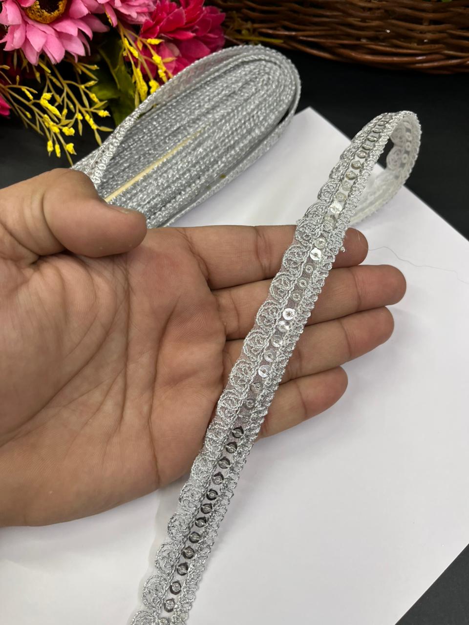 Scalloped Embroidered Zari Lace Border for Sarees – Elegant Gold Lace for Dupattas, Lehengas & Festive Wear (9 Meter, 1 Inch Width) | Silver