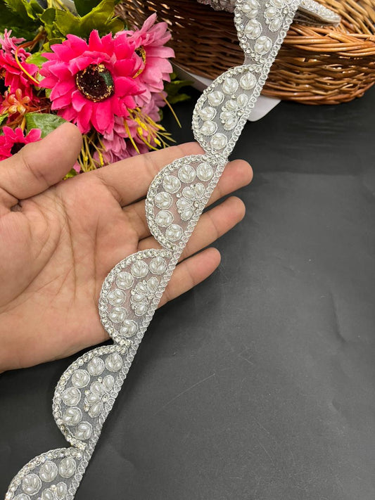 Pearl Scalloped Lace – Premium Gold Embroidered Designer Lace | Silver