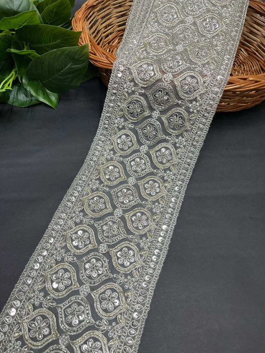 Katdana & Bead Work Embroidered Bridal Lehenga Lace Trim – 9 Meters, 5-Inch Heavy Border for Sarees & Wedding Outfits | Silver