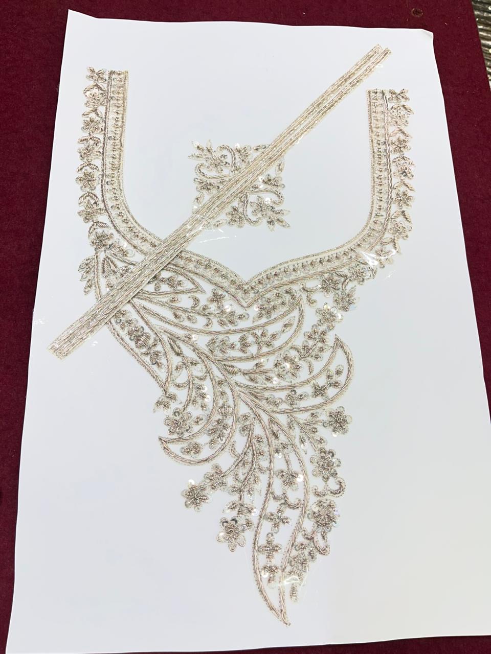 Handcrafted Zardosi Neck Patch – Premium Designer Embellished Neck Applique for Blouses, Kurtis & Ethnic Wear | Silver