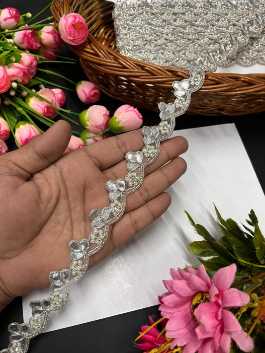 Gota Work Handmade Laces with Beaded Flower – Designer Border for Sarees, Dupattas & Lehengas (9 Meter, 1 Inch Width) | Silver
