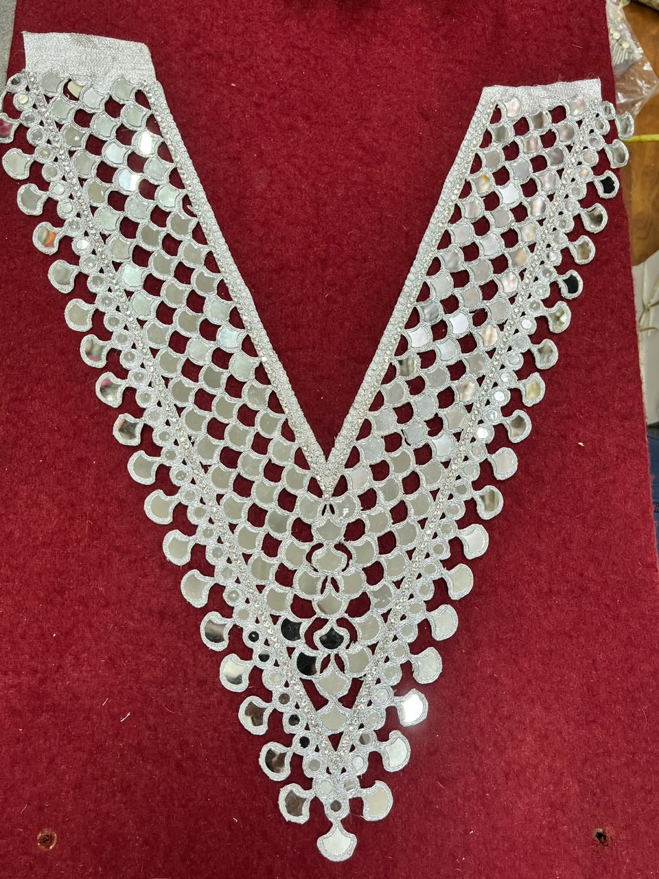 Real Mirror Work Neck Patch for Kurtis, Dresses & Blouses – Designer Handcrafted Mirror Neckline Applique | DC0992 | Silver