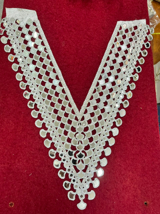 Real Mirror Work Neck Patch for Kurtis, Dresses & Blouses – Designer Handcrafted Mirror Neckline Applique | DC0992 | Silver
