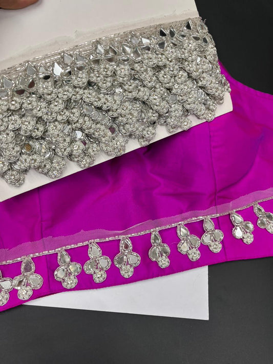 Beautiful Hanging Real Mirror Lace with Pearl Bead – Decorative Latkan Border for Sarees, Dupattas & Lehengas (9 Meter, 2 Inch Width) | Silver