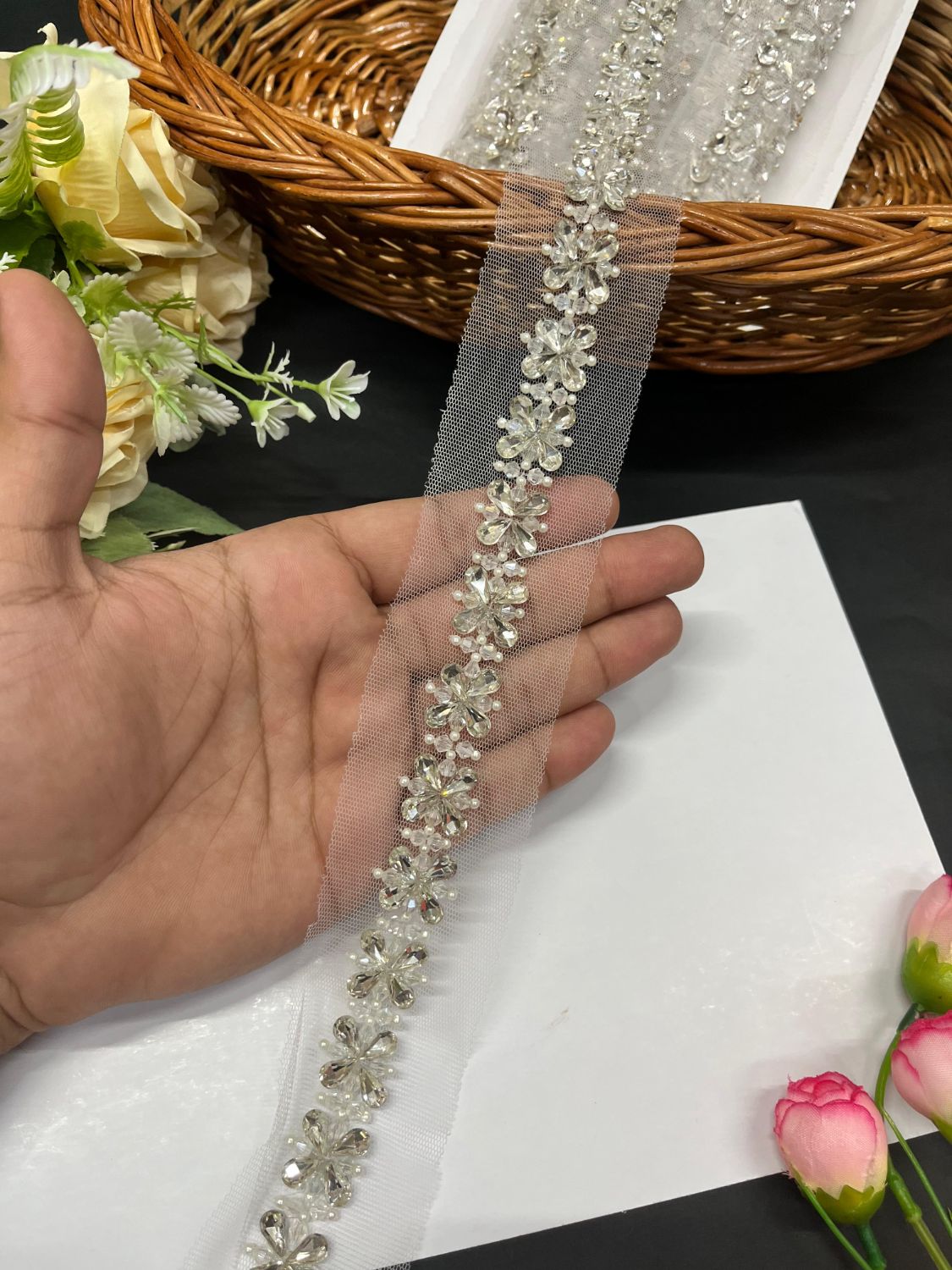 Beautiful Handmade Flower Design Crystal Heavy Lace Border – Elegant Designer Trim for Sarees, Lehengas & Ethnic Wear (9 Meter, 1 Inch Width) | Silver