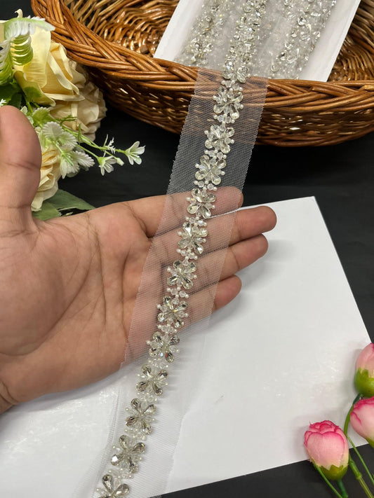 Beautiful Handmade Flower Design Crystal Heavy Lace Border – Elegant Designer Trim for Sarees, Lehengas & Ethnic Wear (9 Meter, 1 Inch Width) | Silver