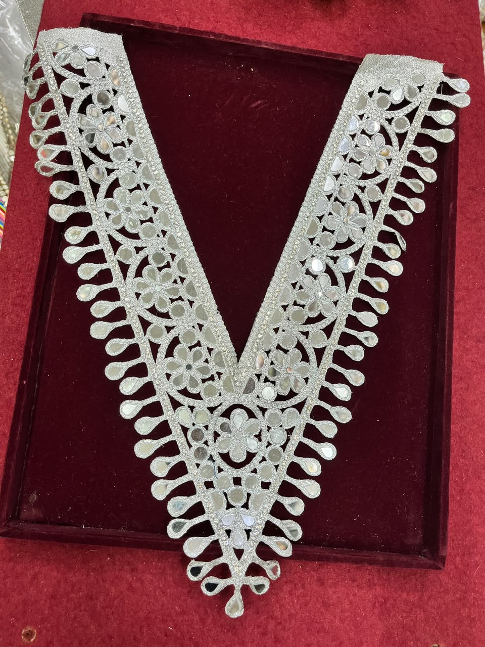 Real Mirror Work Neck Patch for Kurtis, Dresses & Blouses – Designer Handcrafted Mirror Neckline Applique | DC0984 | Silver