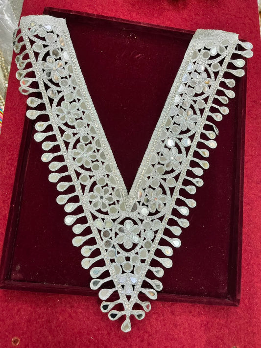 Real Mirror Work Neck Patch for Kurtis, Dresses & Blouses – Designer Handcrafted Mirror Neckline Applique | DC0984 | Silver