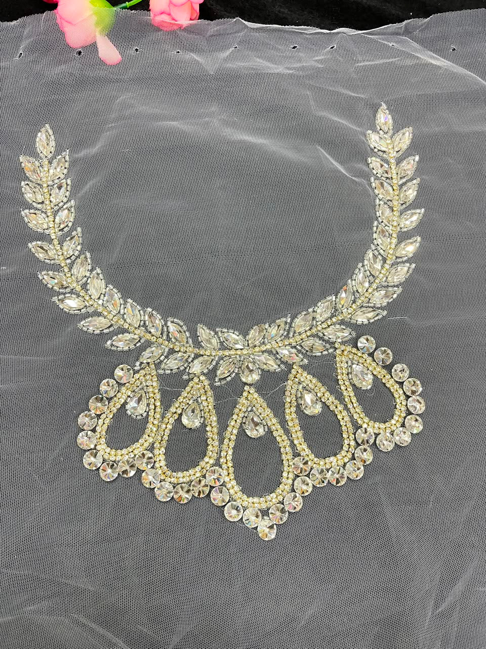 Handmade Crystal Neck Patch for Kurtis, Dresses & Blouses – Designer Handcrafted Crystal Embellished Neckline Applique | DC1042 | Silver