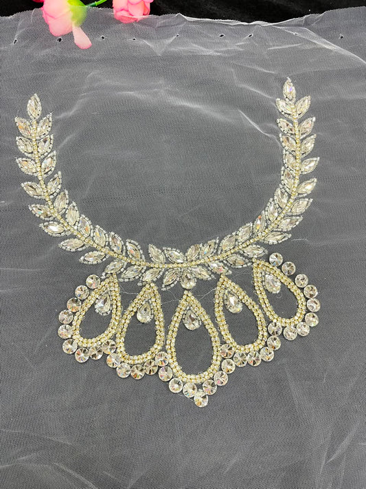 Handmade Crystal Neck Patch for Kurtis, Dresses & Blouses – Designer Handcrafted Crystal Embellished Neckline Applique | DC1042 | Silver