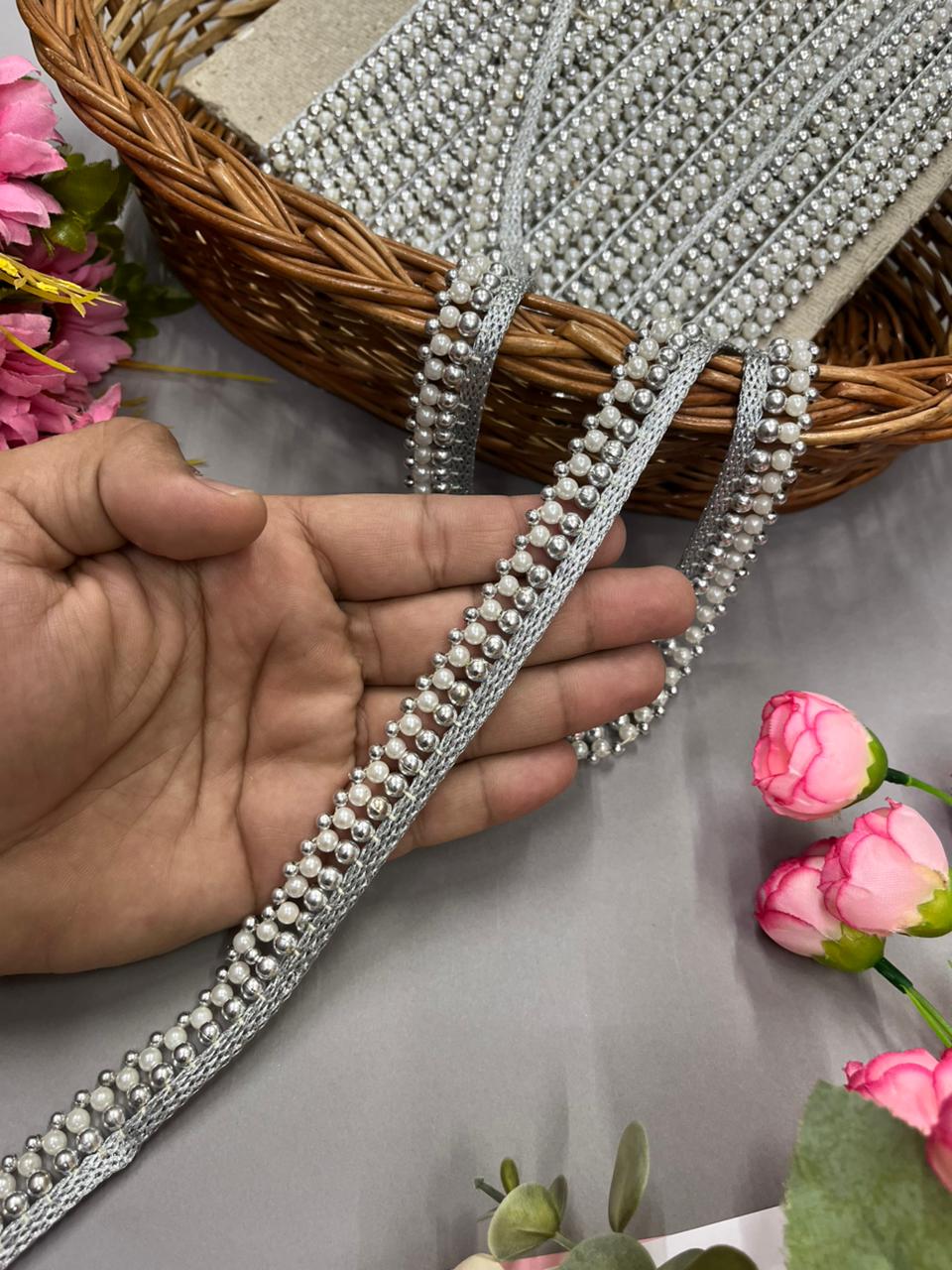 Silver Beaded Lace – Premium 1 Inch Latkan Style Decorative Border for Sarees, Dupattas & Ethnic Wear (9 Meter) | Silver