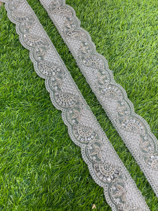 Vibrant Cutdana Beaded Embroidered Lace Border for Sarees and Dupatta – 9 Meters, 2-Inch Width | Silver