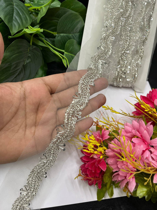 Handcrafted Cutdana & Diamond Lace Border on Net Fabric – 9 Meters, 1-Inch Embellished Trim for Sarees & Lehengas | Silver