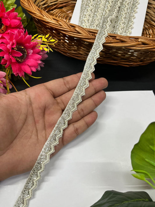 Cutdana Pipe Work with Pearl & Zardosi Work Handcrafted Lace – Handmade Decorative Lace for Sarees, Dupattas, and Dresses (9 mtr, 0.5 inch) | Silver